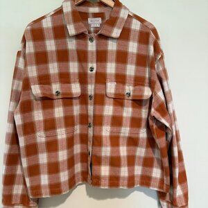 Brixton Bowery Brushed Flannel Shirt Jacket, Rust and Cream Plaid, Size XL